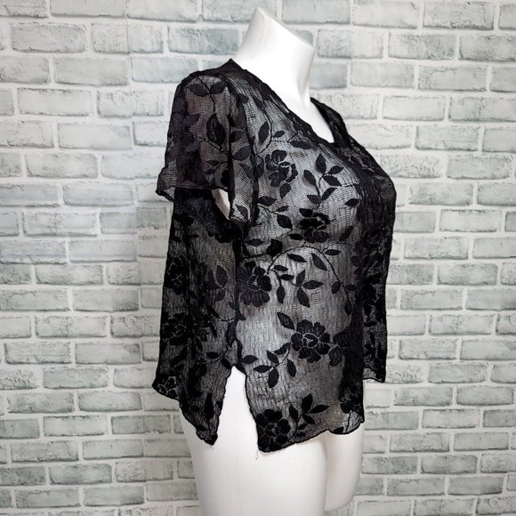 Vintage 80s 90s Sheer Burnout Floral Mesh Popover Short Sleeve‎ Top Grunge - Picture 5 of 6